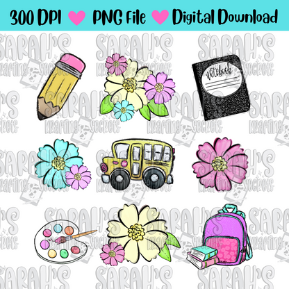 Retro Girl Back to School Sublimation Png File with a pencil, notebook, bus, paint set, backpack, and flowers in pastel colors.