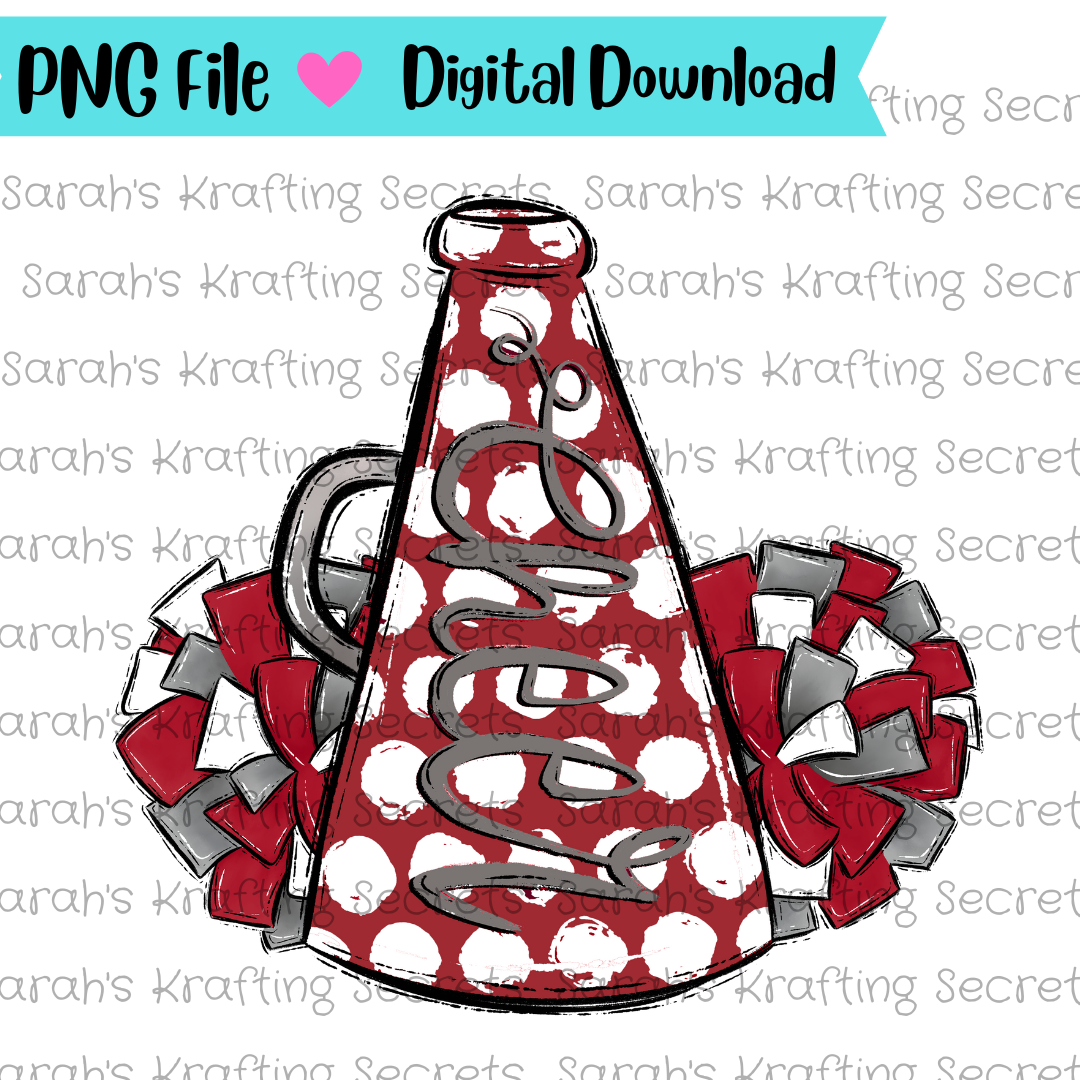 Crimson and white cheer megaphone and  pompom  sublimation design 