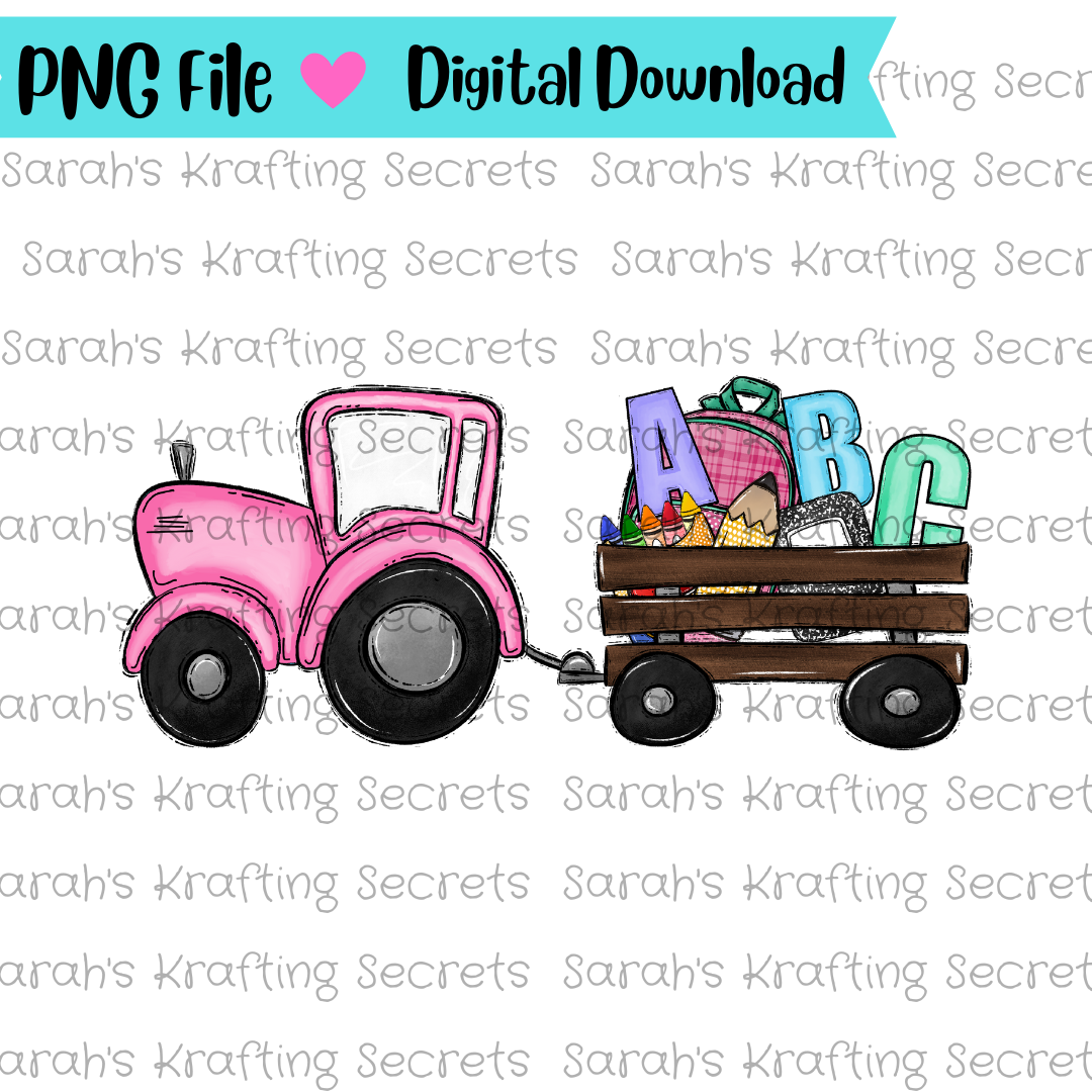 Pink School Tractor with wagon Sublimation Design