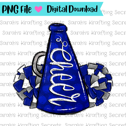 Blue and White cheer megaphone and pompom sublimation design