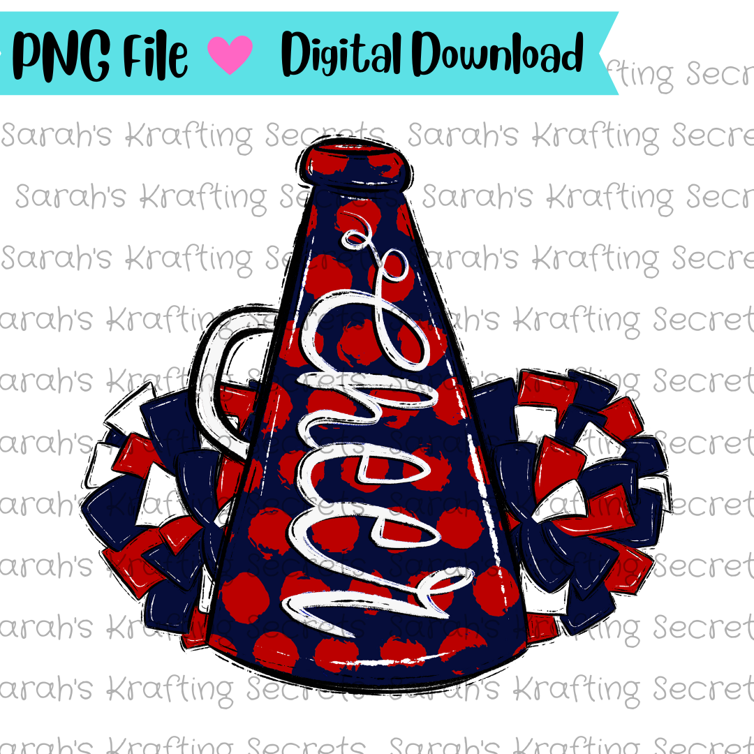 Red and Navy cheer megaphone and pompom sublimation design