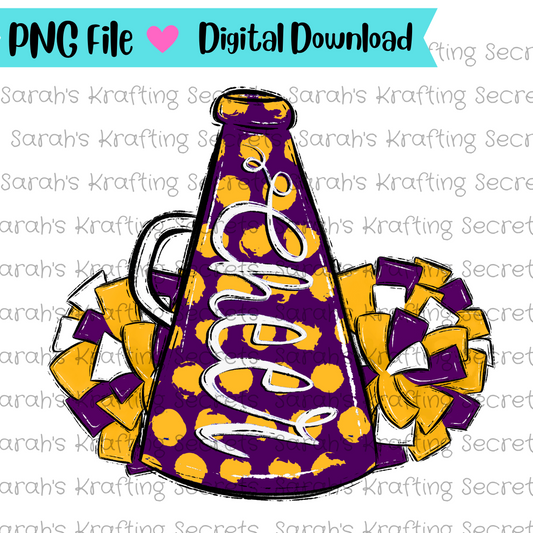 Gold and purple cheer megaphone and pompom sublimation design