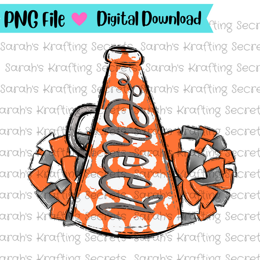 Orange and white cheer megaphone and pompom sublimation design