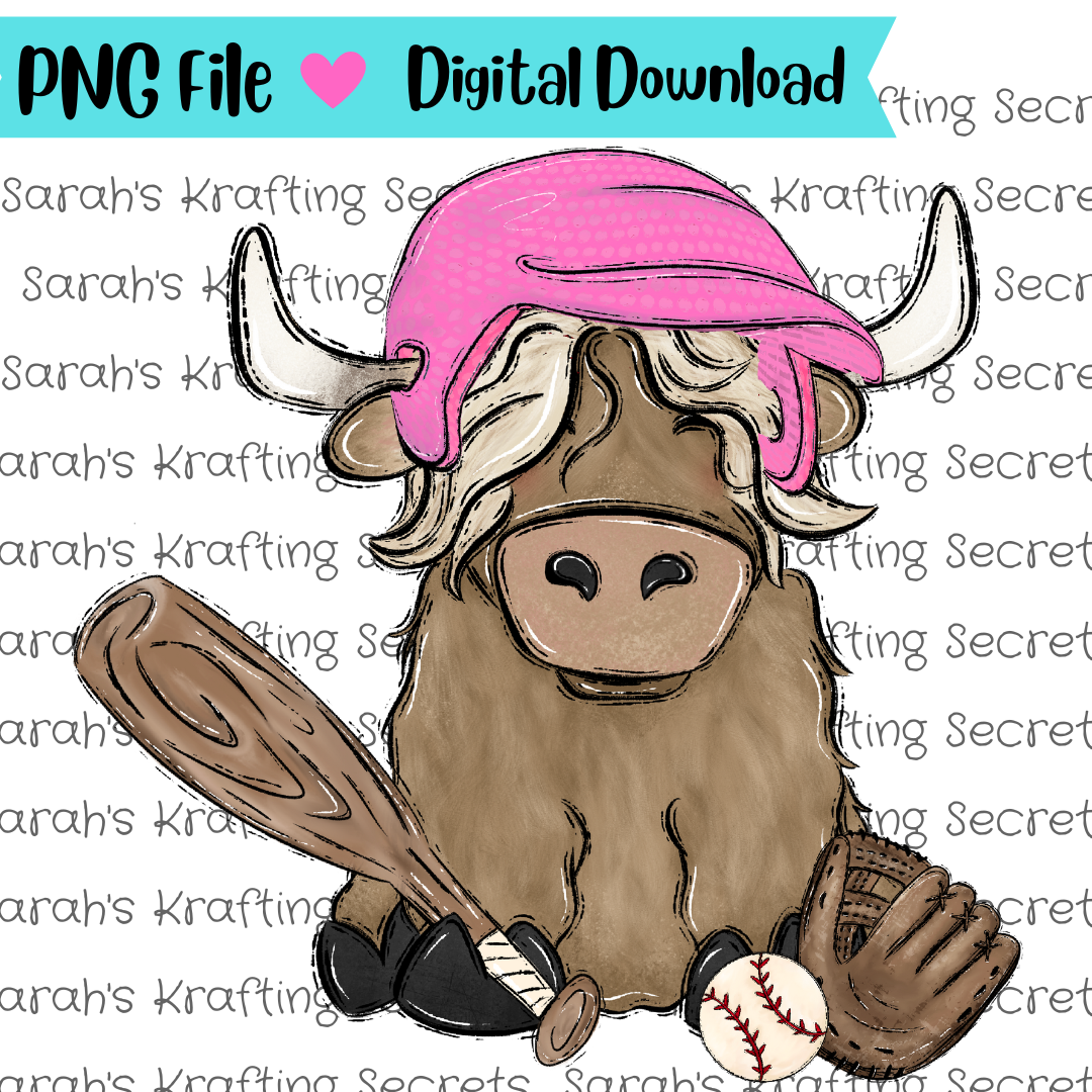 Baseball Highland Cow with PInk Helmet Sublimation Graphic Design