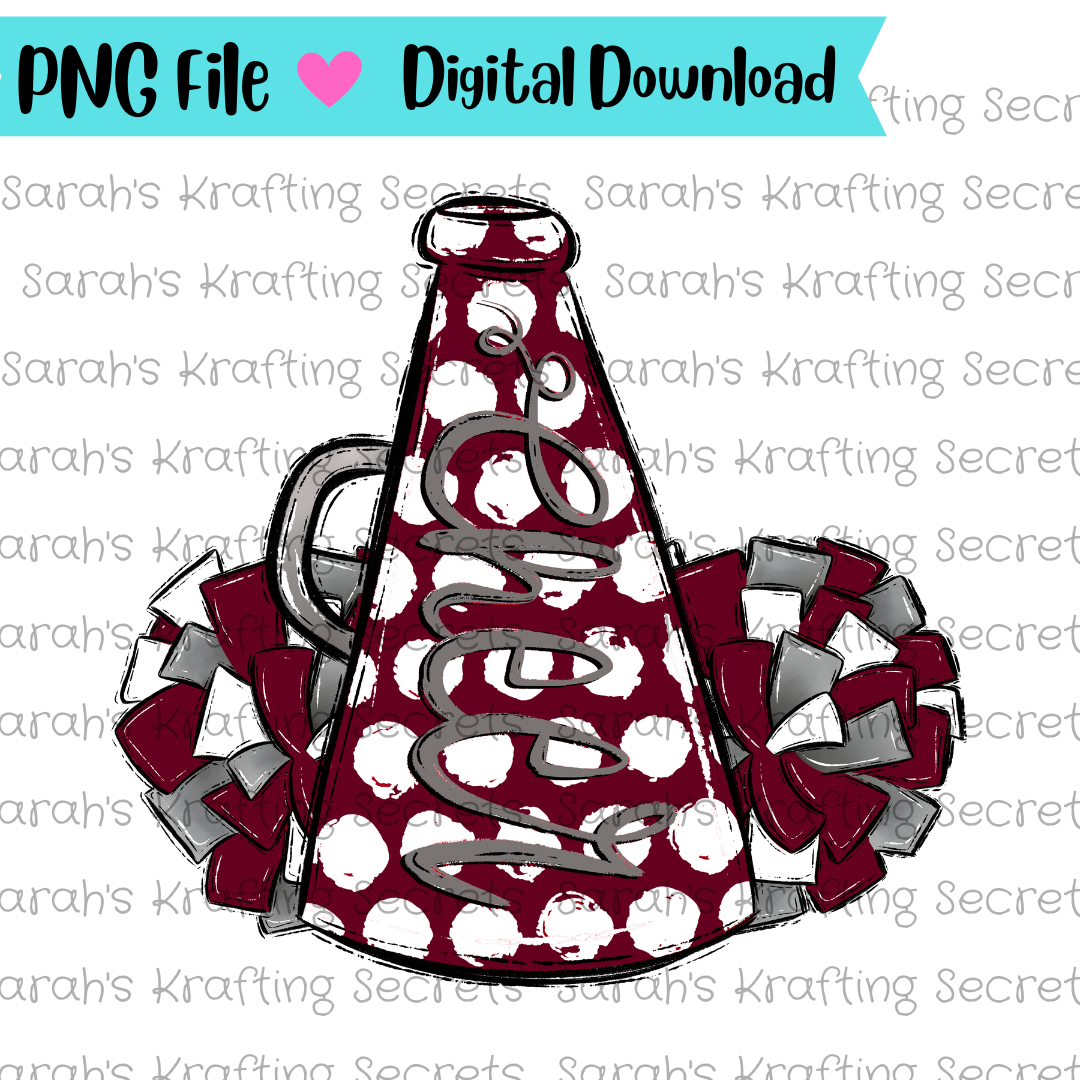 Maroon and White cheer megaphone and pompom sublimation design